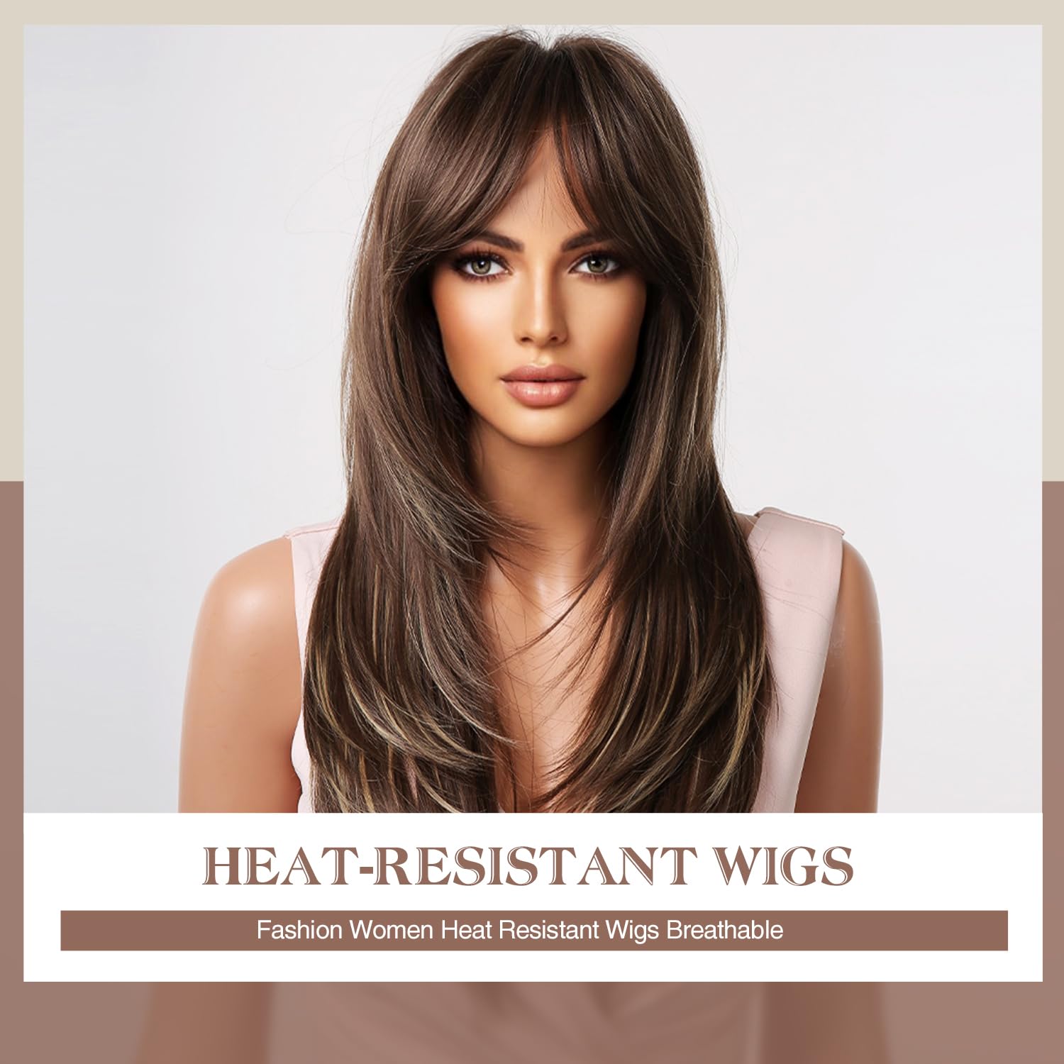 Kikone Pelucas largas rubias castañas con flequillo, peluca de 24 pulgadas de largo y lacia para mujer, peluca de cabello sintético con reflejos