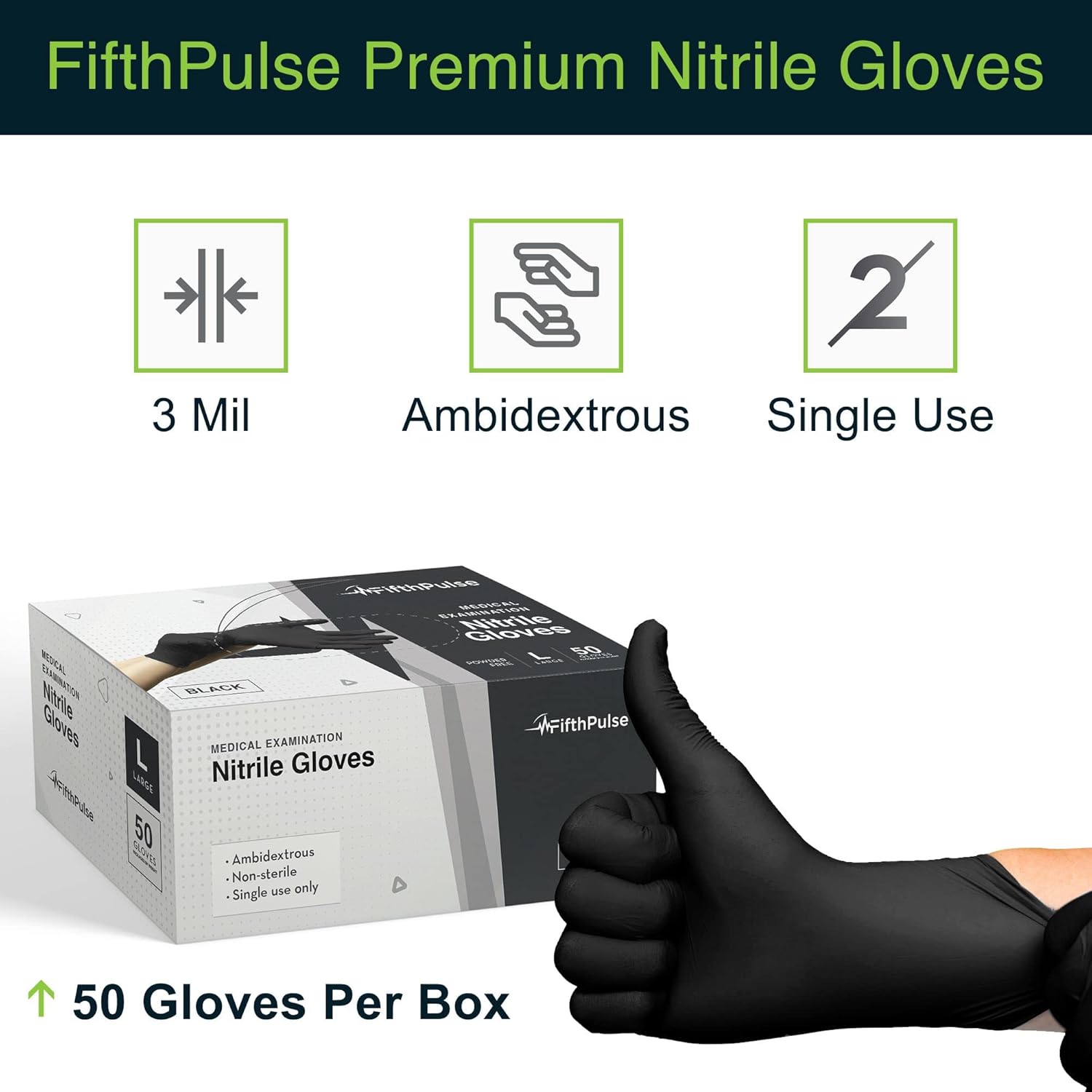 Paquete de 50 guantes desechables de nitrilo sin látex y sin polvo de grado médico para usos quirúrgicos y dentales (color negro, 3 milímetros de