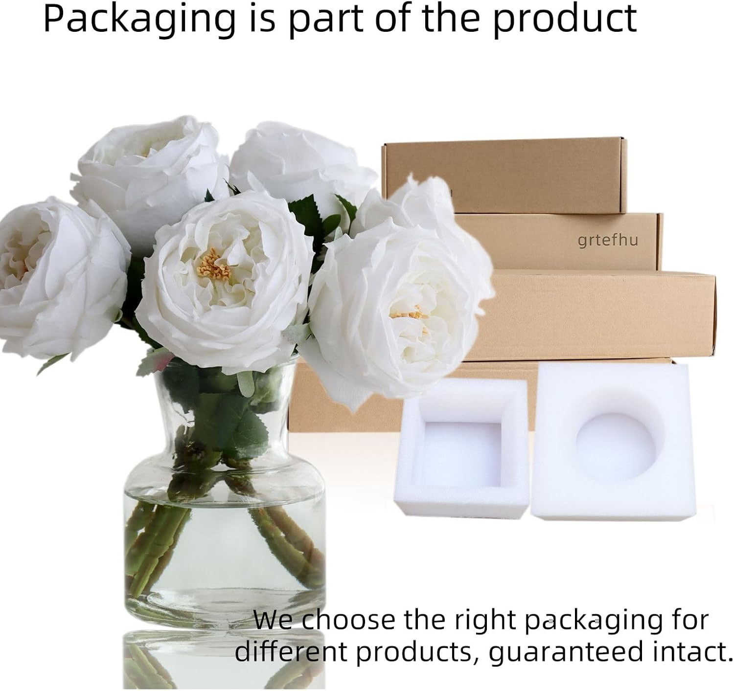6 flores falsas de peonías de rosas Austin con jarrón, florero de vidrio transparente con peonías blancas de tacto real, flores artificiales para