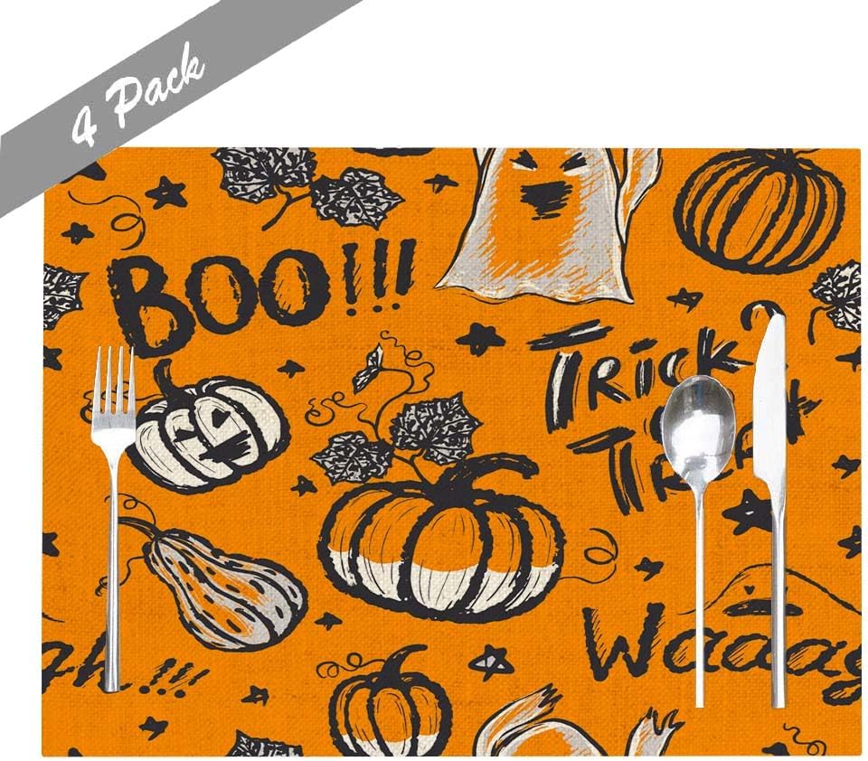 Juego de 4 manteles individuales de Halloween de 18 x 12 pulgadas, decoración de mesa de Halloween de 18 x 12 pulgadas
