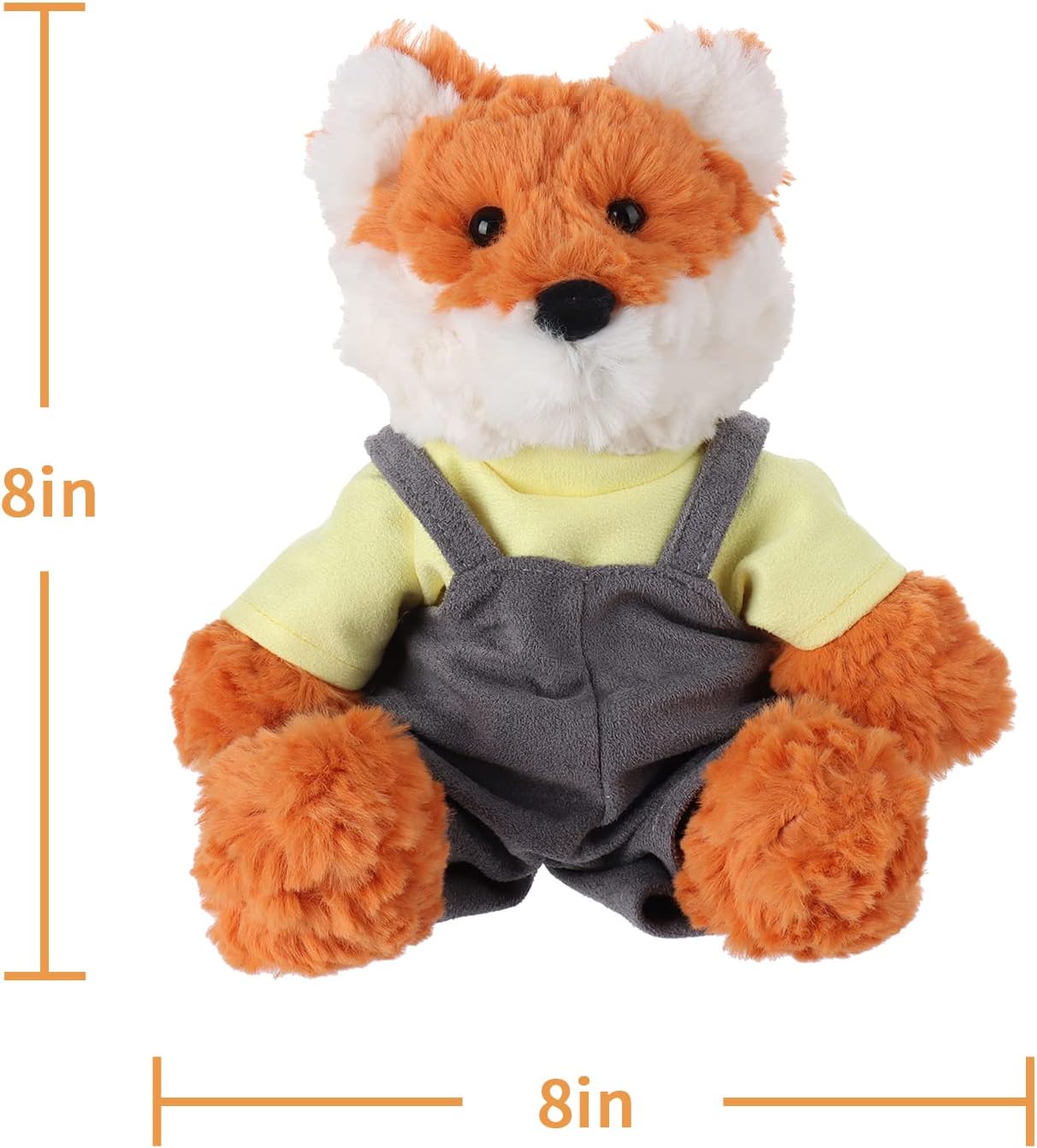 Apricot Lamb Juguetes de peluche de zorro naranja con ropa, animal de peluche suave, perfecto para niños de 8 pulgadas (camiseta amarilla y overol