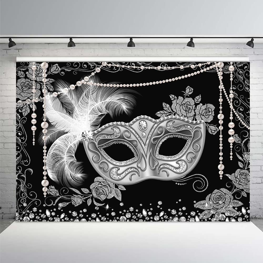 MEHOFOND Telón de fondo de bola de máscaras, color negro, plateado para fiesta de máscaras, fondo para fotografía, Mardi Gras, carnaval, disfraces,