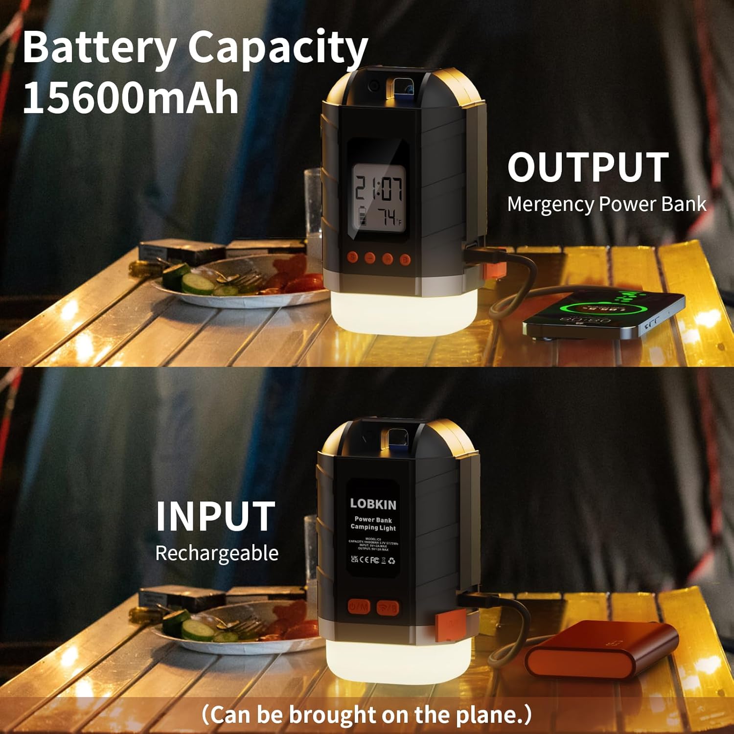 LOBKIN Linterna LED recargable de 15600 mAh  Luces portátiles de emergencia para tienda de campaña, faroles de huracán con 5 modos de luz, pantalla
