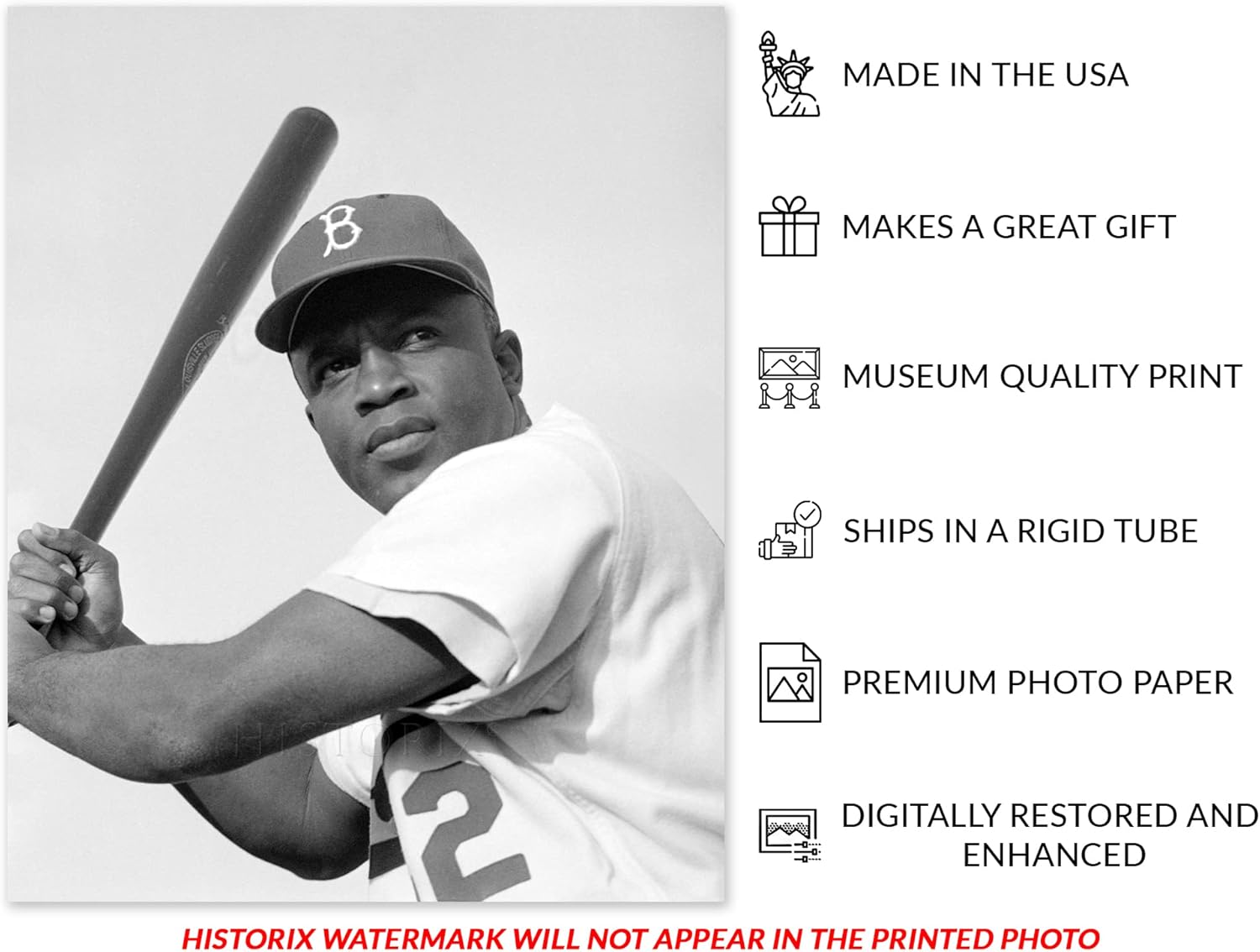HISTORIX Vintage 1954 Jackie Robinson Baseball Player Photo Print – 24×30 Inch MLB Brooklyn Dodgers Baseball Player Jackie Robinson Print Wall Art