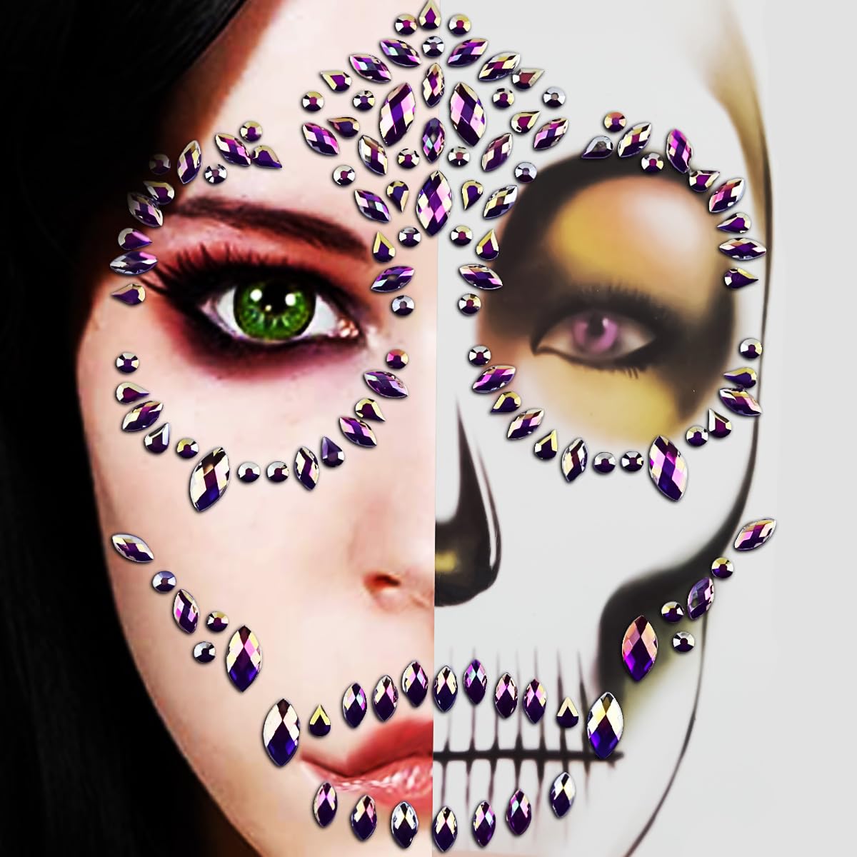 Calcomanías de tatuaje de calavera de azúcar con diamantes de imitación para Halloween, joyas para la cara, gemas para el Día de los Muertos, kit de