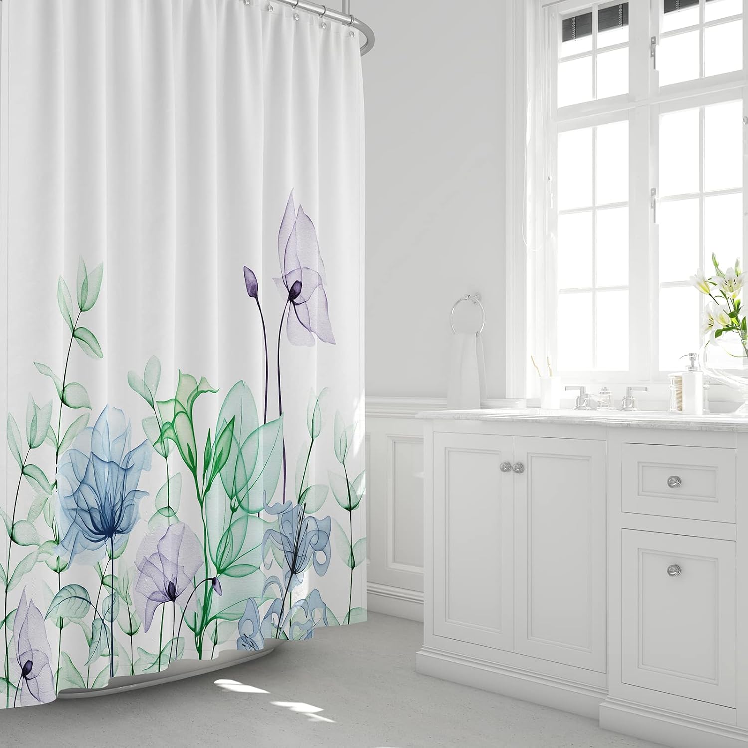Juego de cortinas de ducha de tela floral con 12 ganchos, cortina de baño de acuarela, accesorios decorativos modernos para baño, flores y hojas