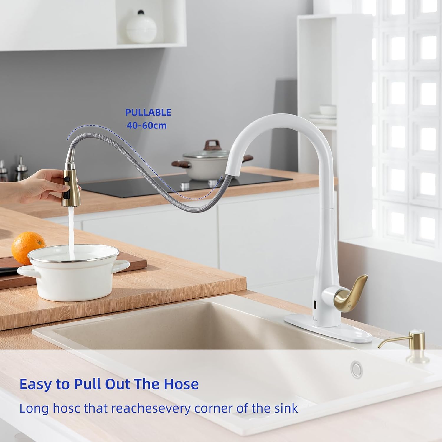 HGHGK Grifo de cocina sin contacto con dispensador de jabón y rociador extraíble, grifo de fregadero de cocina con sensor de una sola manija, diseño