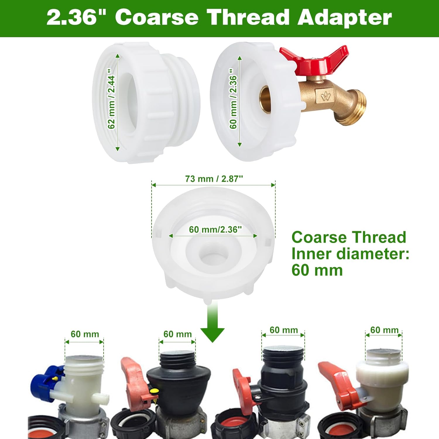 WADEO IBC – Adaptador de mano, adaptador de rosca fina de 2.44 pulgadas para tanque IBC de 275-330 galones, grifo de válvula de cierre de agua de
