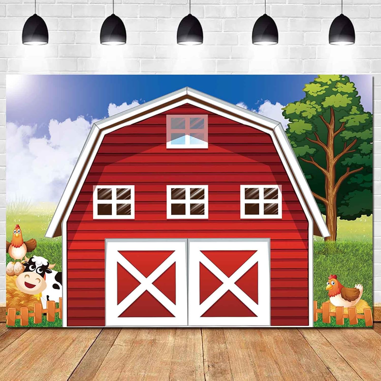 Fondo de fotografía de dibujos animados de animales de granja de animales, fondo de fotos rústico rojo para baby shower, niños recién nacidos,