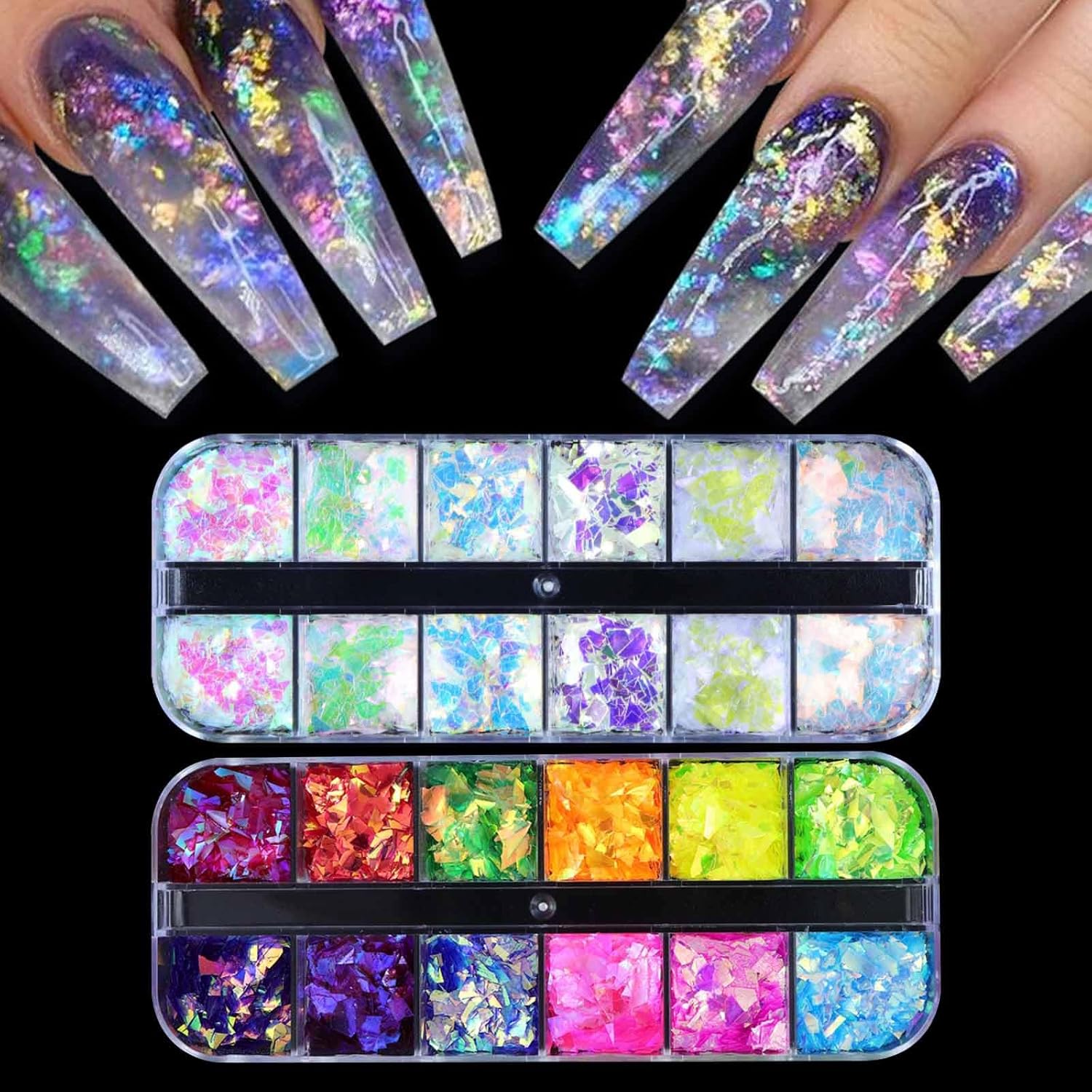 Decoración holográfica de sirena para uñas con lentejuelas iridiscentes con purpurina, 2 cajas brillantes de escoria de hielo brillante y