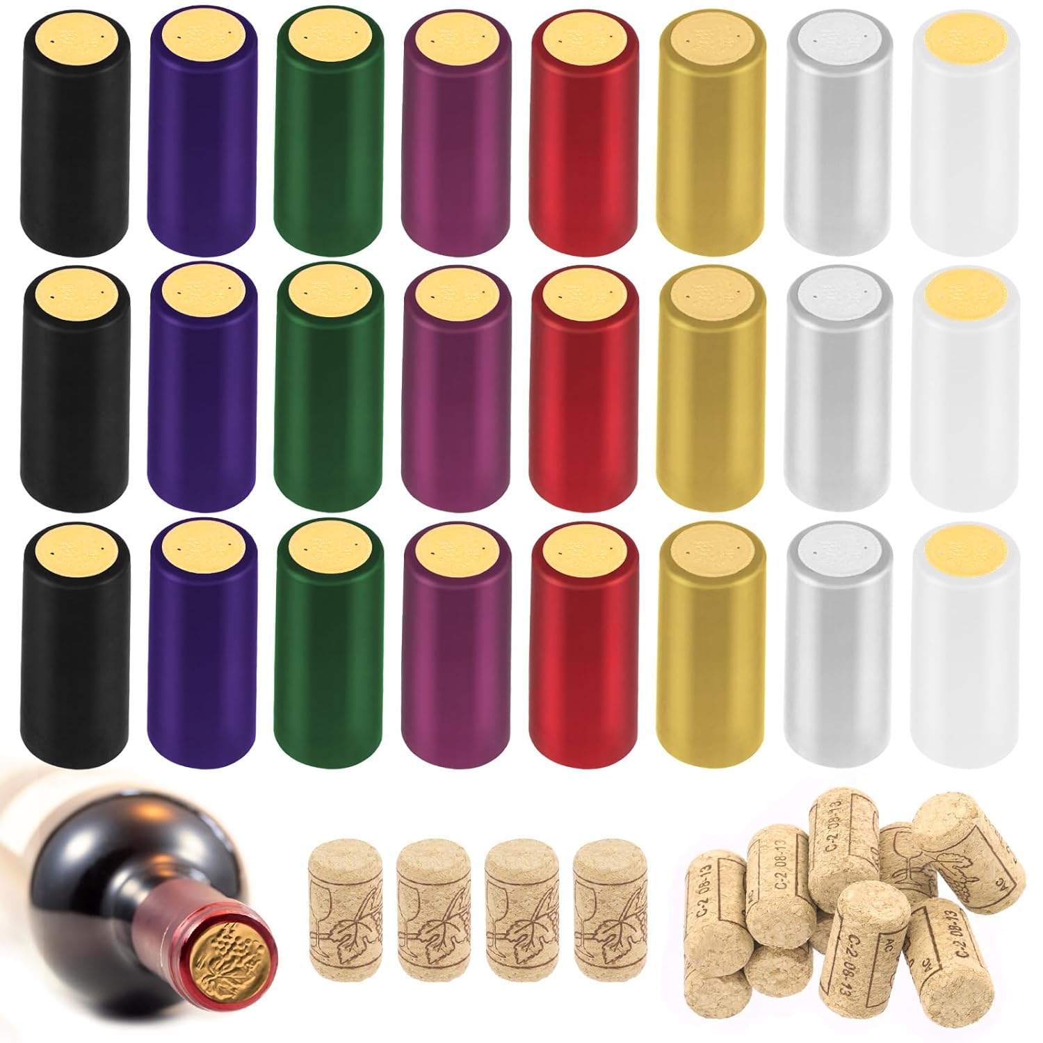 Swpeet 190 cápsulas termorretráctiles de PVC de 8 colores y botella de vino recta natural, tapón de corcho, surtido de tapones de corcho, envoltura