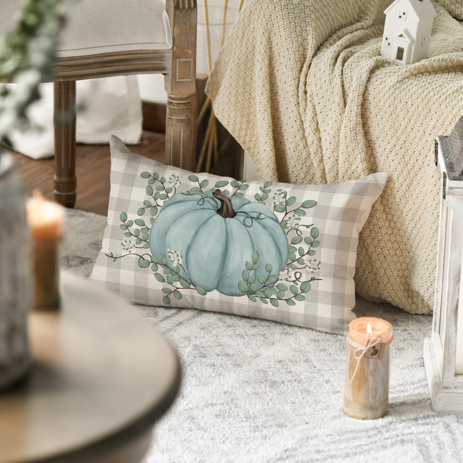 AVOIN colorlife Funda de almohada de hojas de eucalipto de calabaza verde azulado de 12 x 20 pulgadas, decoración de otoño y otoño, cosecha de