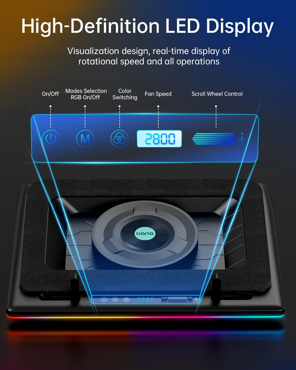llano Almohadilla de refrigeración RGB para laptop con potente turbofán, radiador enfriador para laptop para juegos con velocidad infinitamente