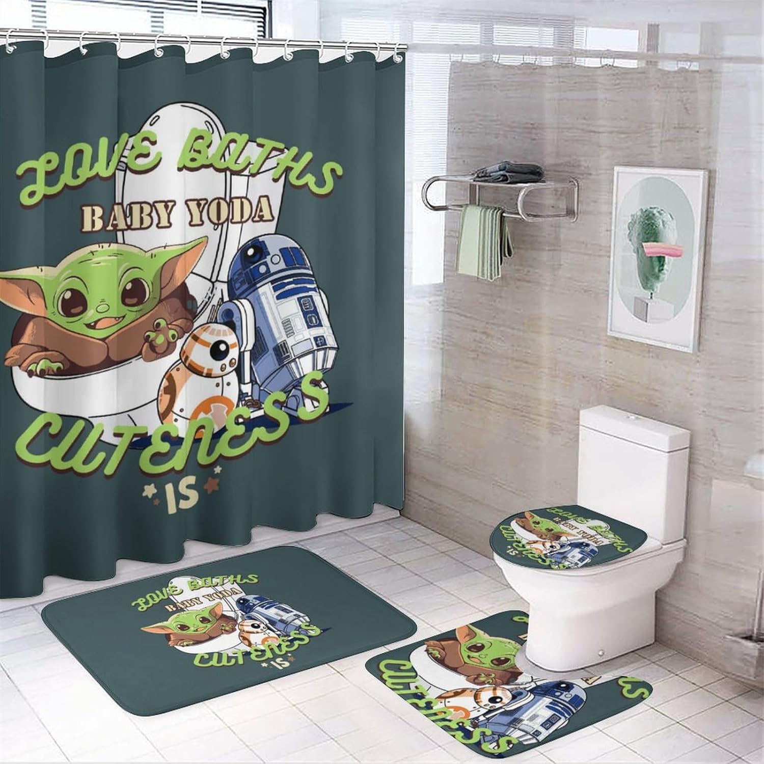 RUTIFY Juego de 4 cortinas de ducha divertidas con alfombras antideslizantes, cubierta para tapa de inodoro y tapete de baño, decoración de baño de