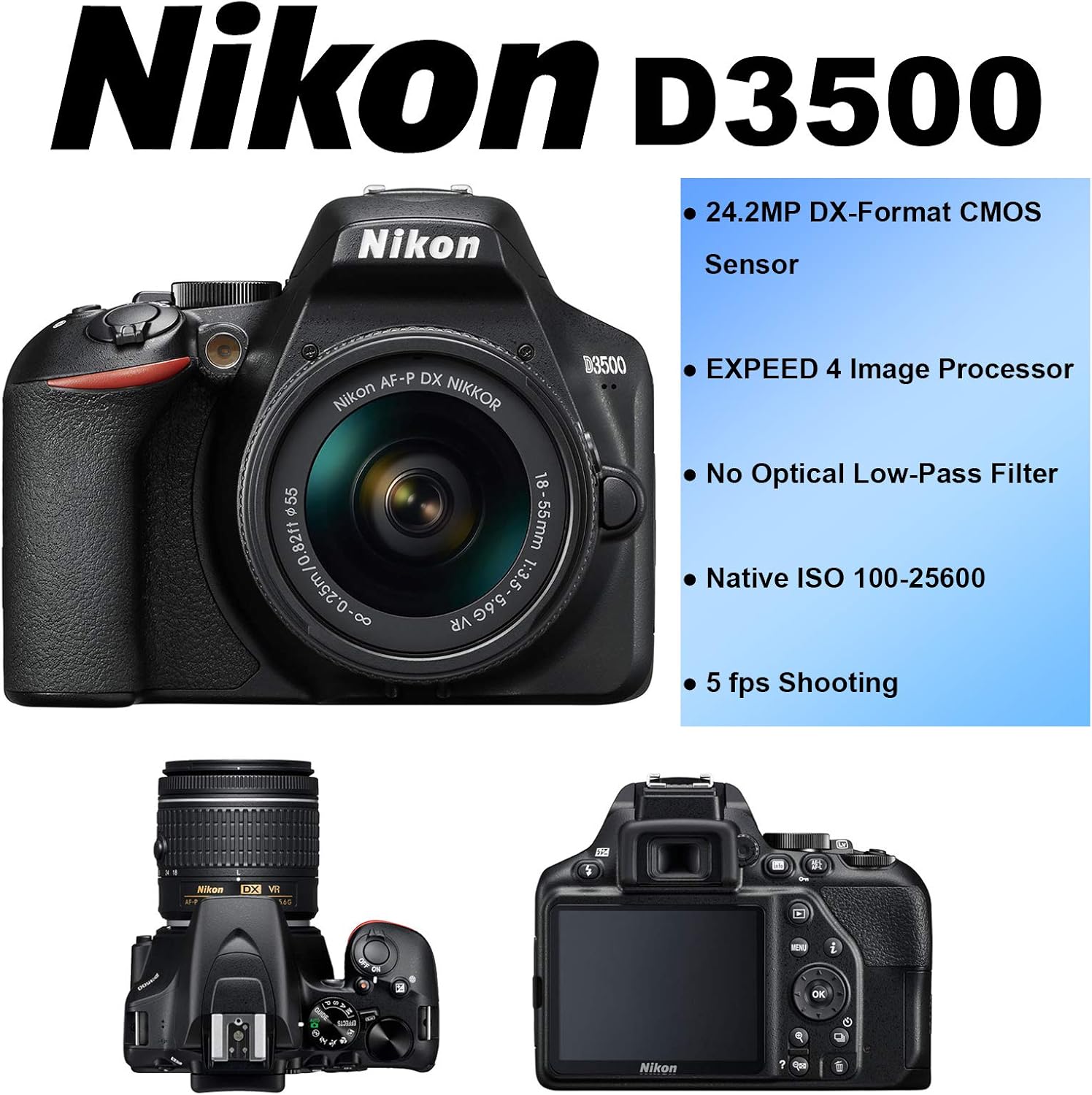 Nikon D3500 – Cámara digital DSLR de 24.2 MP con lente NIKKOR VR de 0.709-2.165 in + tarjeta de memoria SanDisk de 64 GB + lector de tarjetas USB de