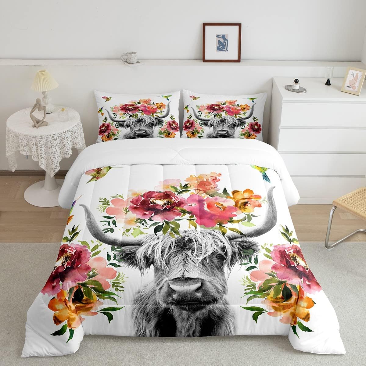 Erosebridal Highland Cow – Juego de edredón floral de tamaño matrimonial, juego de ropa de cama de flor de ganado toro, vida silvestre, granja,