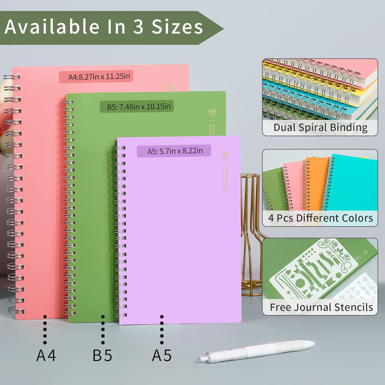 EMSHOI Cuaderno de espiral de puntos, paquete de 4 cuadernos A5 de cuadrícula de puntos pequeños de 5.7 x 8.22 pulgadas, 640 páginas de 3.53 ozm de