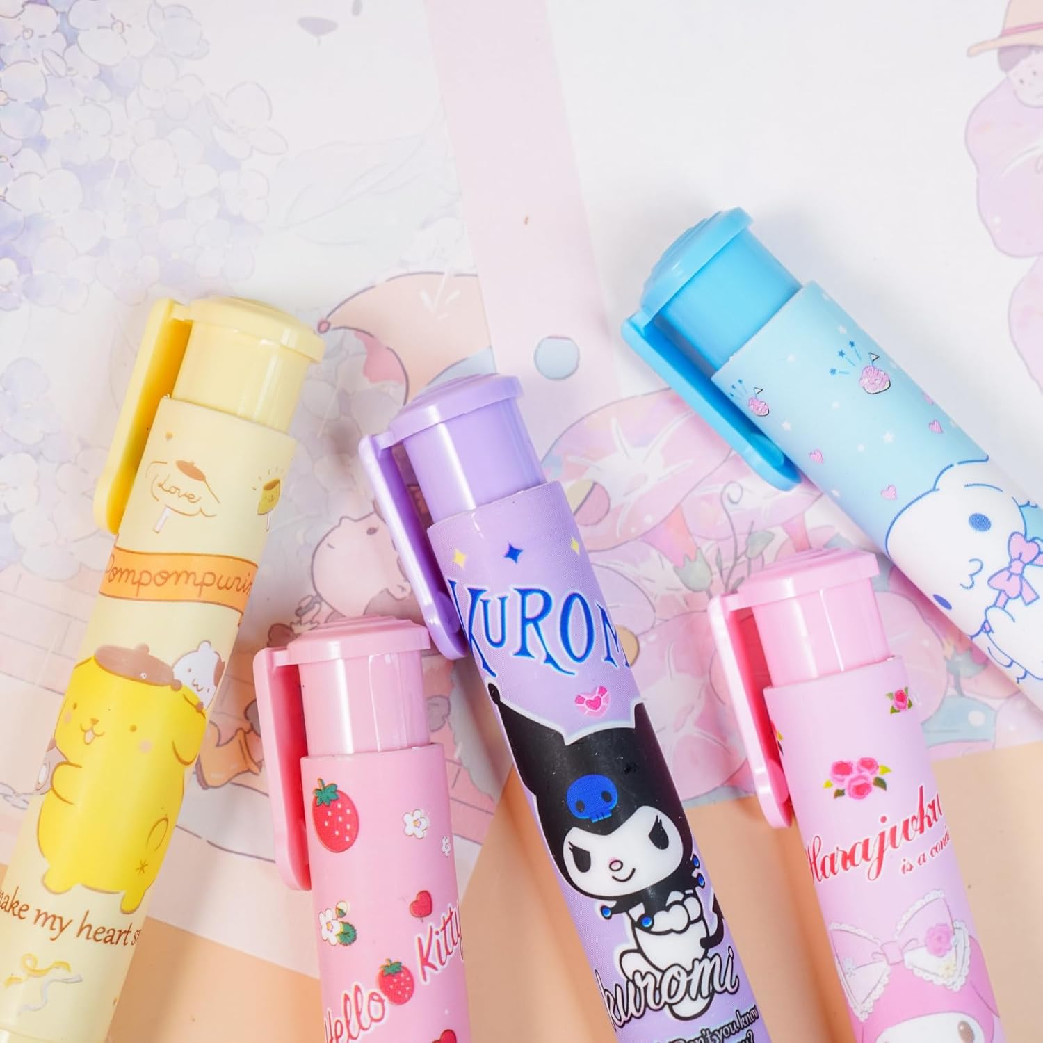 5 + 1 borradores Kawaii para niños y gatitos retráctiles, lindos borradores para niñas, melodía de anime, divertida, caricatura, novedad, borrador