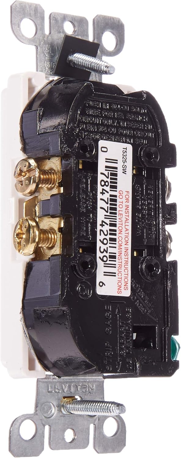Leviton T5325-SW Receptáculo dúplex Decora de 15 amperios NEMA 5-15R de 2 polos y 3 alambres, resistente a manipulaciones, auto conexión a tierra,