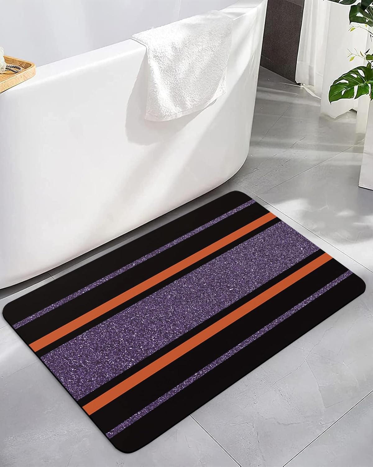 Tapete de baño, tapete de baño con diseño geométrico de rayas moradas y naranjas, absorbentes, antideslizantes, de bajo perfil, de secado rápido, de