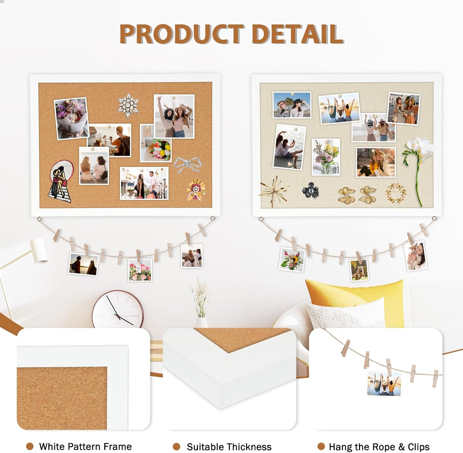 Tablero de corcho grande de doble cara con lino, tablero de anuncios con marco de madera colgante de 24 x 18 pulgadas, tablero de visión de