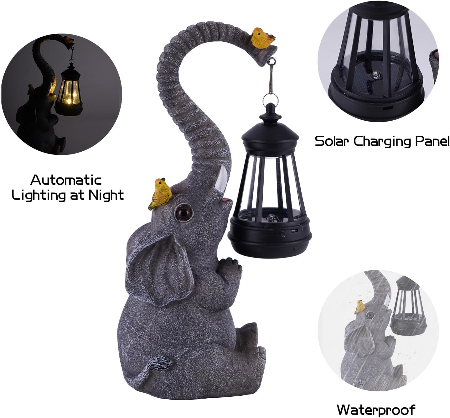 Luces solares de estatuas de jardín al aire libre, figuras de elefante con bonitos pájaros decoración de escultura de jardín, regalos de madre de