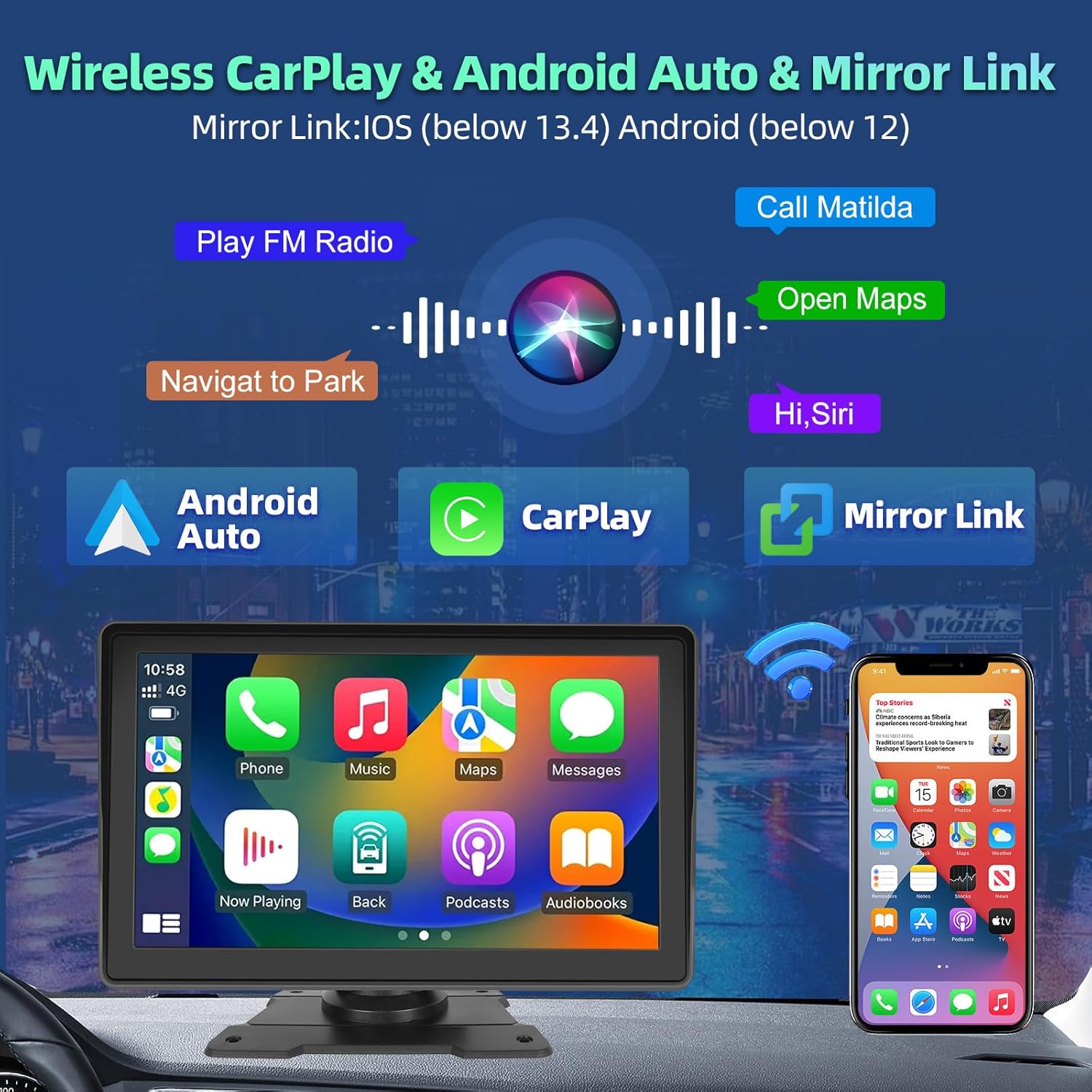 Podofo Radio estéreo portátil para coche de 7 pulgadas con Apple Carplay inalámbrico y Android Auto Bluetooth IPS HD pantalla táctil receptor de