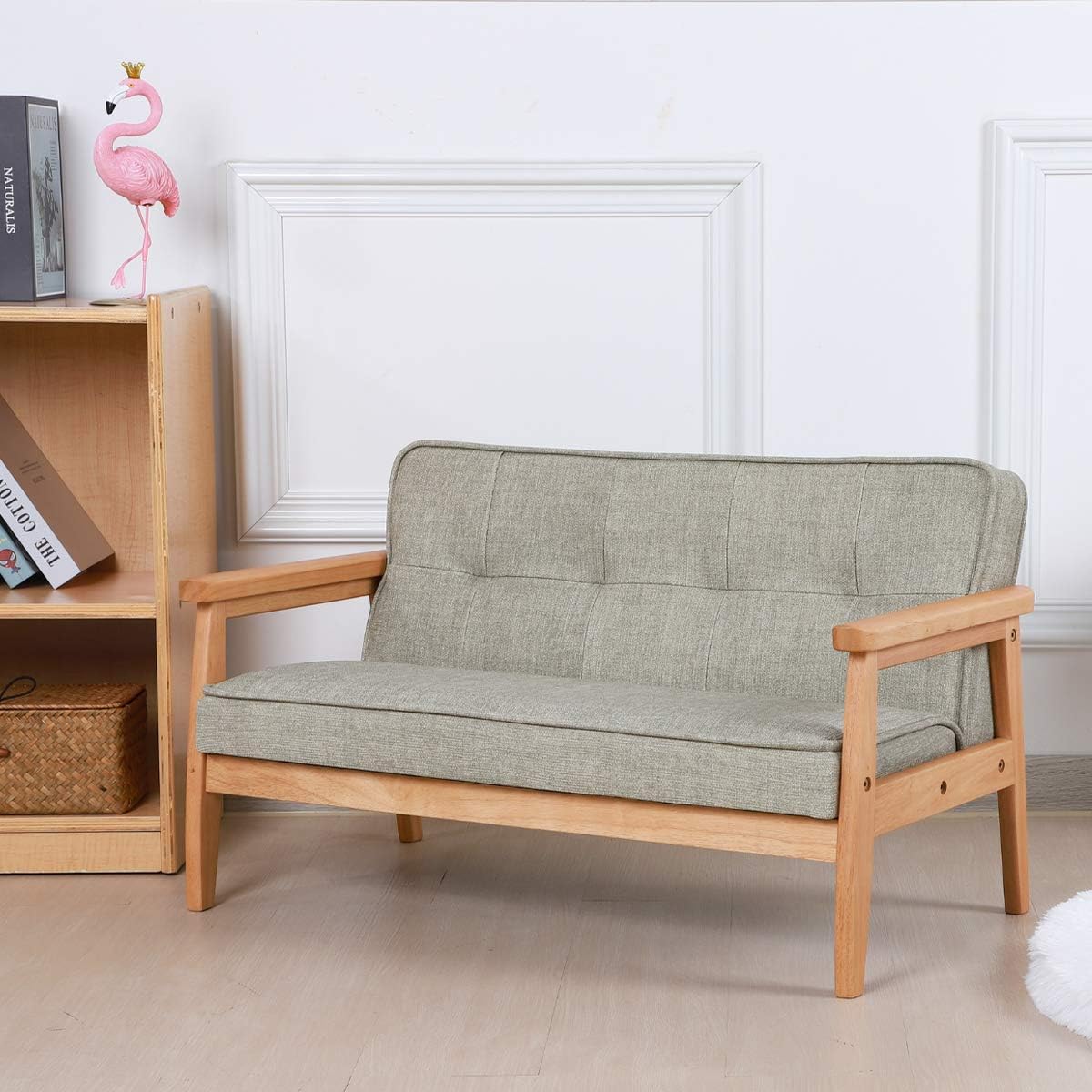 Yoonnie room Sofá de doble plaza para niños, sofá para niños con brazo de madera maciza y patrón de lino de PVC para el descanso de los niños (gris