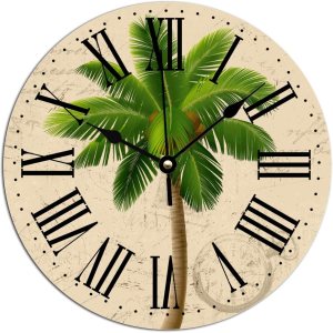 Vinisong Reloj vintage de estilo francés con palmeras de verano, decoración de playa, relojes de pared de palmeras tropicales, silenciosos, sin Vinisong Reloj vintage de estilo francés con palmeras de verano, decoración de playa, relojes de pared de palmeras tropicales, silenciosos, sin
