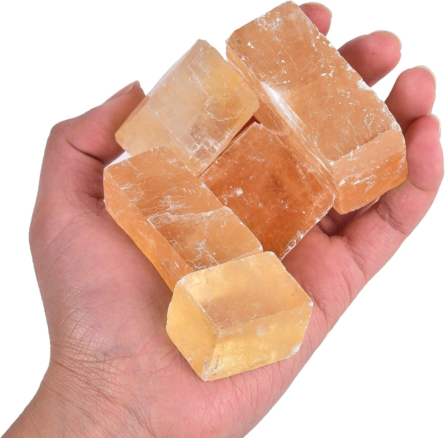 AMOYSTONE Calcita natural de Islandia de 1 libra de calcita óptica amarilla en caja, 7-8 piezas de cristales naranjas irregulares piedras ásperas de