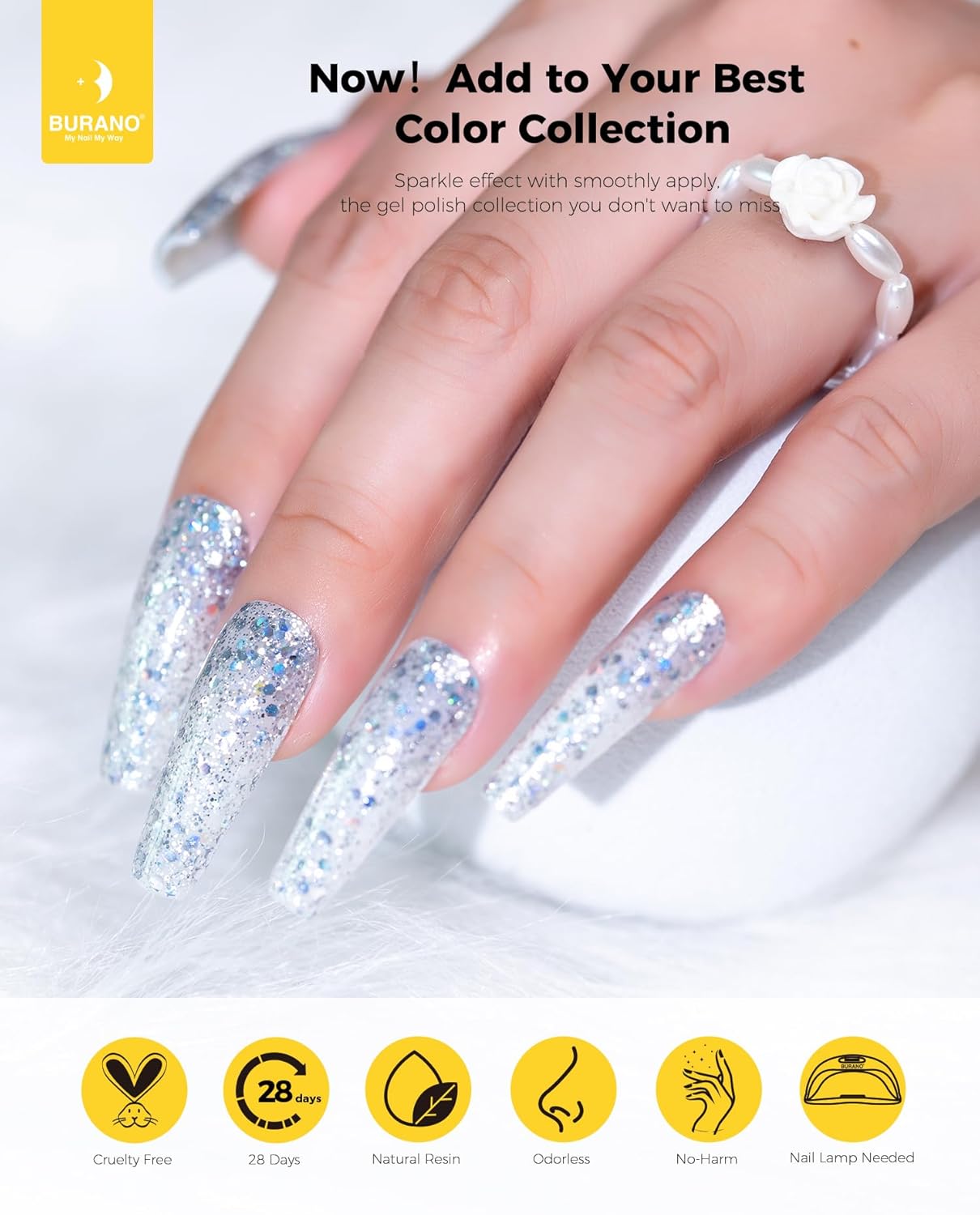 BURANO Esmalte de uñas de gel con purpurina, gel de uñas LED UV efecto holográfico brillante, requiere secado de gel, no se astilla, gel brillante,