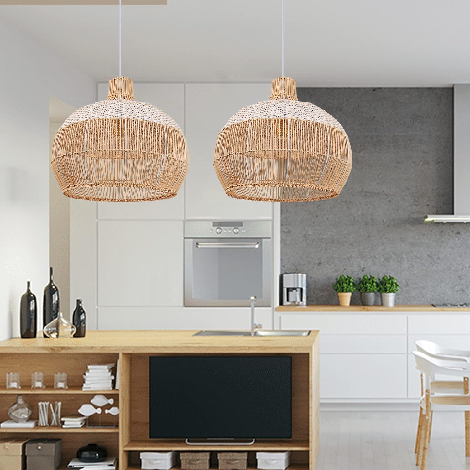 Arturesthome Lámpara colgante de ratán blanco para fregadero de isla de cocina, candelabro de mimbre, pantalla de techo colgante tejida a mano