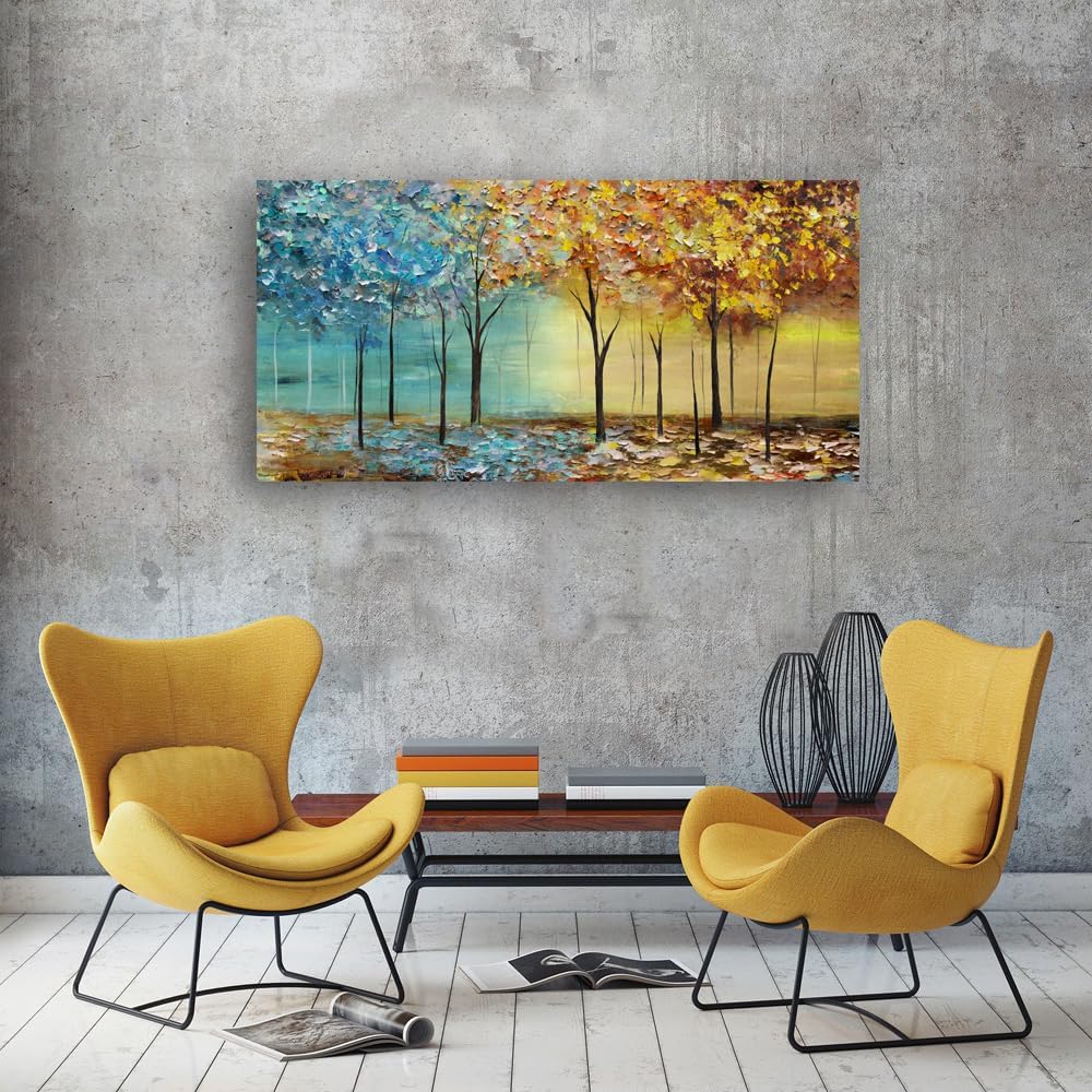 Cao Gen Decor Art A63450 – Lienzo decorativo para pared, árboles abstractos, 1 panel, azul y amarillo, cuadros abstractos de bosque, estirados y