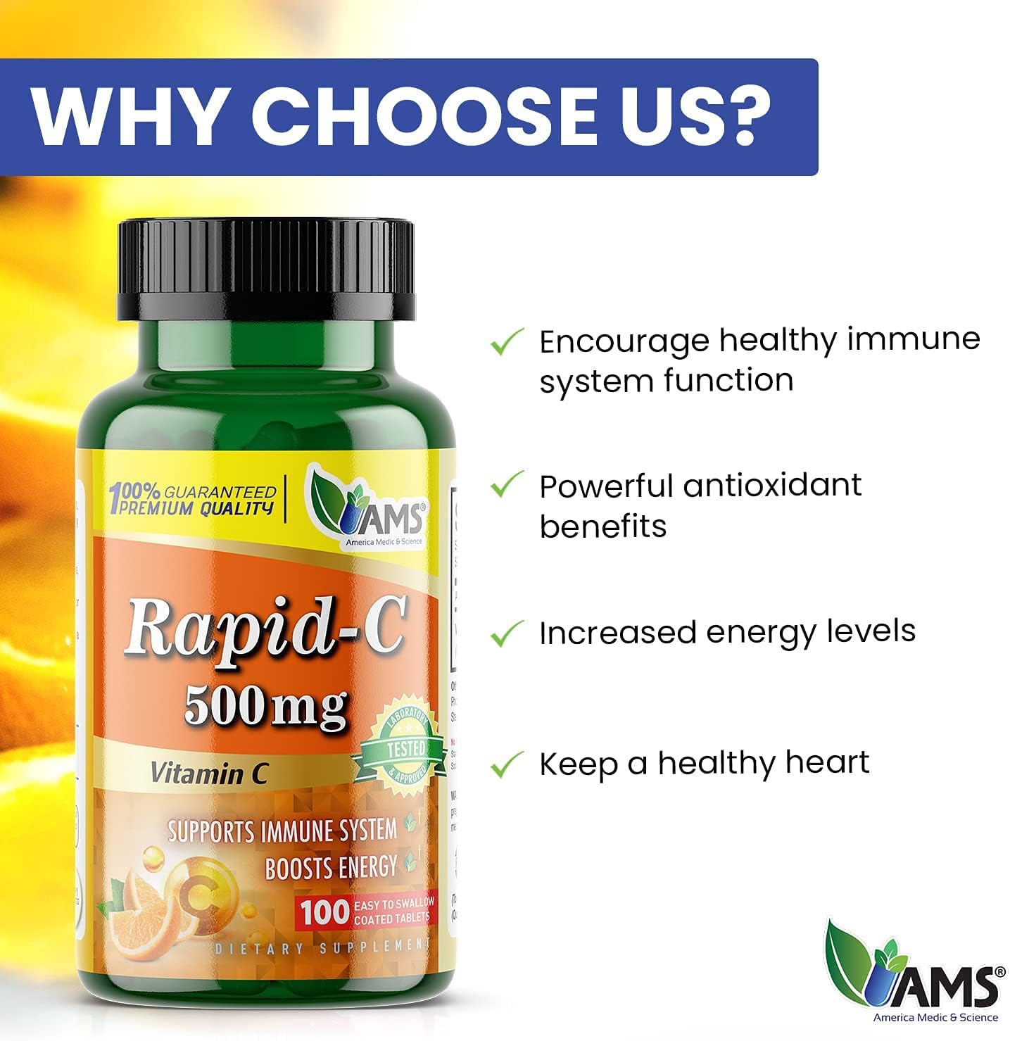 America Medic & Science Rapid-C – Suplemento de vitamina C de 500 mg (paquete de 3 100 tabletas), refuerzo de energía, apoyo diario del sistema