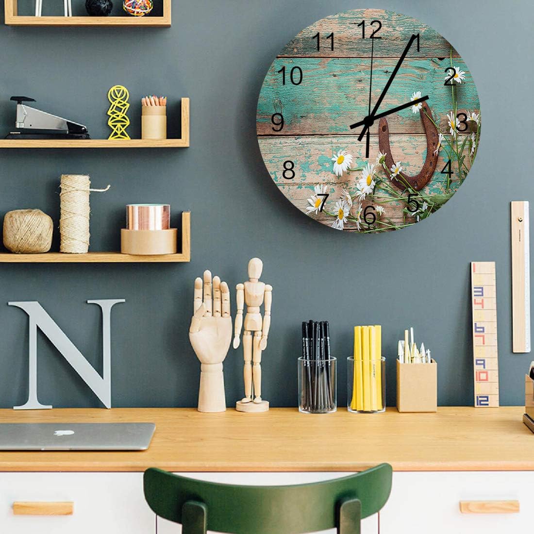 Reloj de pared de 12 pulgadas, silencioso, sin tictac, de madera de herradura, funciona con pilas, fácil de leer, reloj redondo de madera,