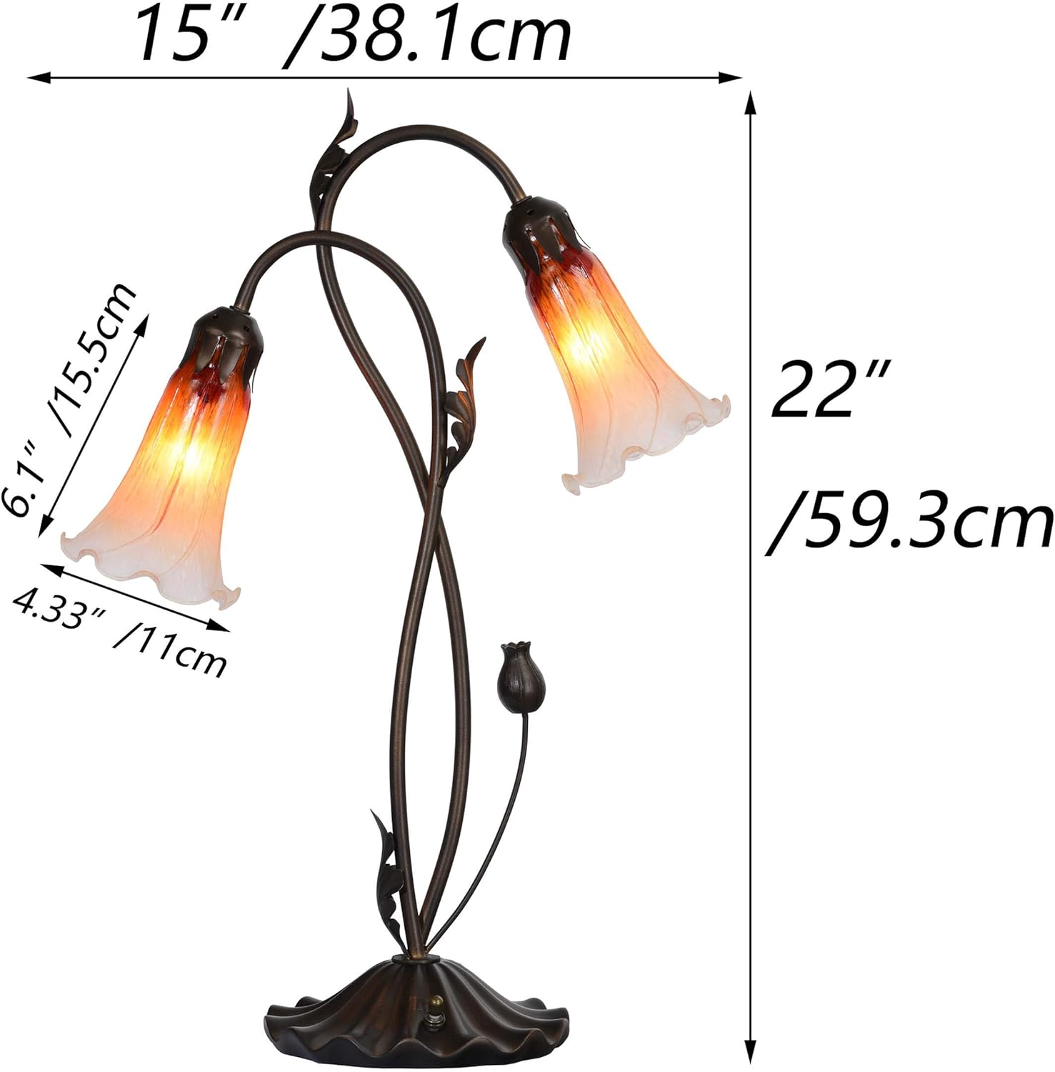 Bieye L10847 Lámpara de mesa de cristal soplado con flores de lirio para decoración de sala de estar y dormitorio (2 luces, rosa)