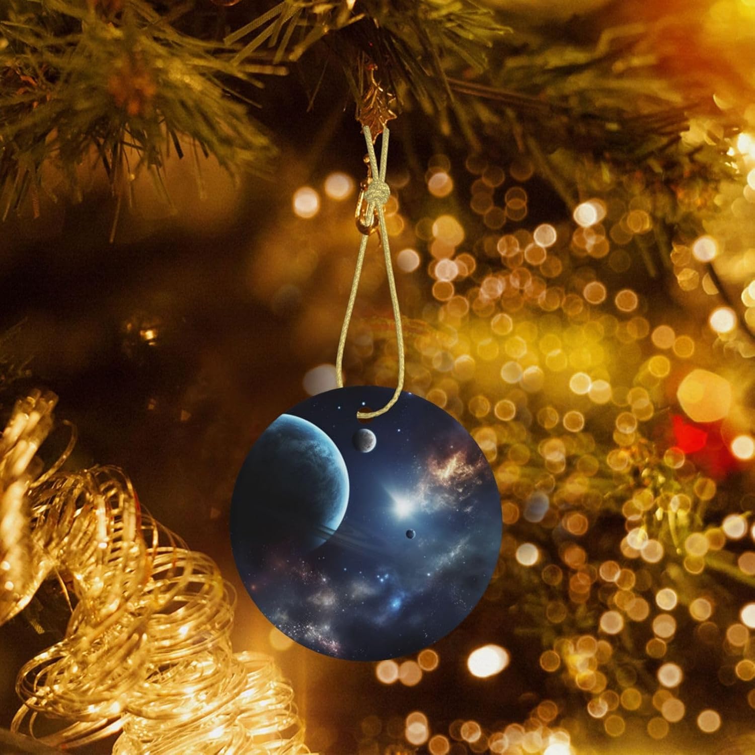 Adorno de Navidad redondo colgante de Navidad, luna, estrellas y planetas, árbol de Navidad, cerámica, adorno colgante de cerámica personalizado