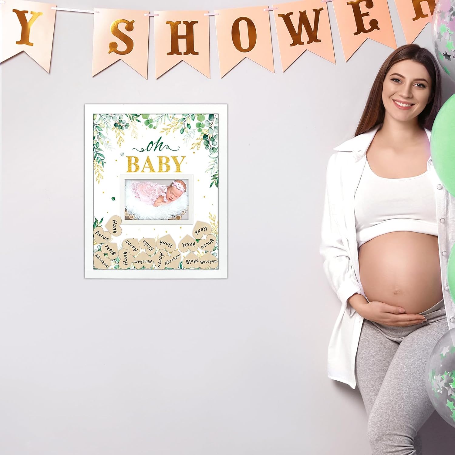 66 piezas Greenery Baby Shower Libro de Invitadas Alternativo de Eucalipto Baby Shower Libro de Visitas Libro de Visitas Oh Baby Marco de 60 Piezas