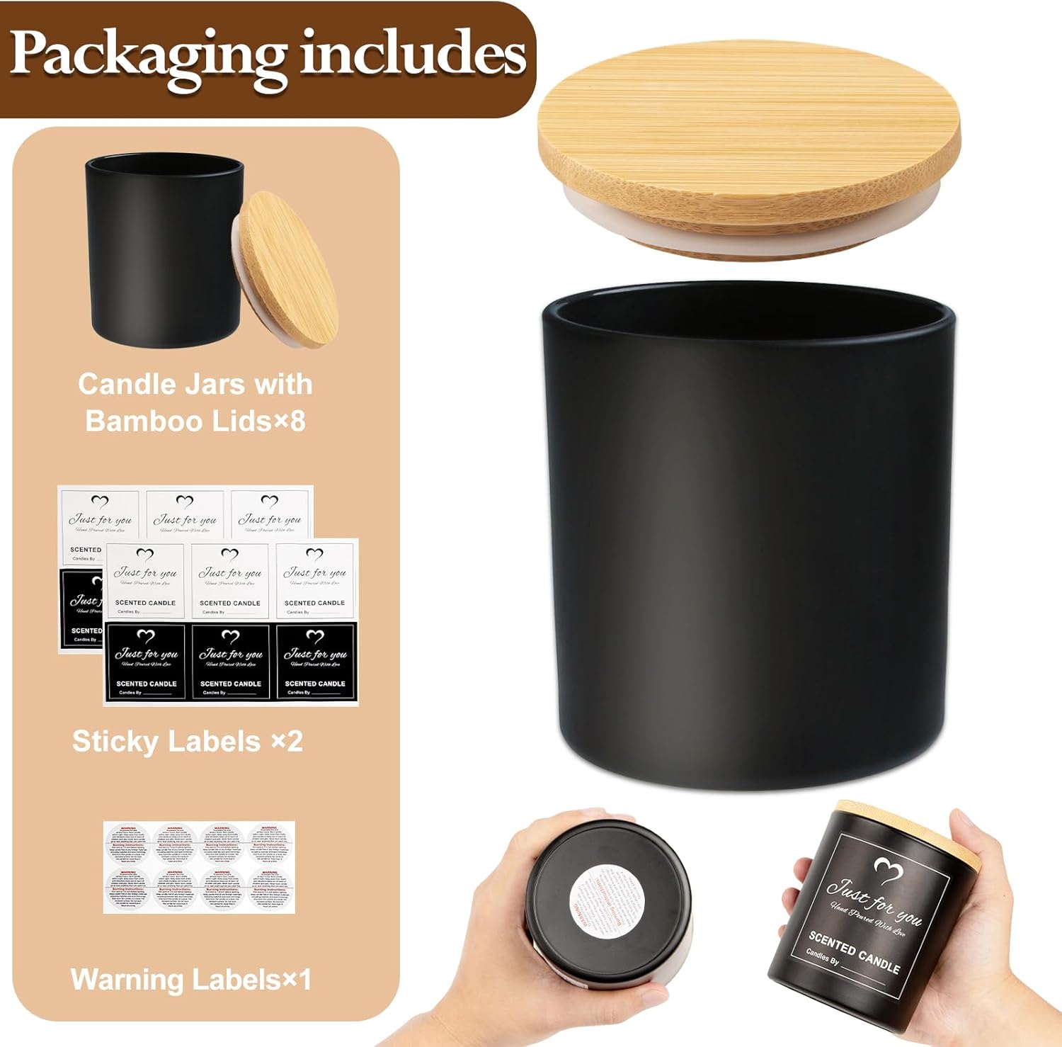 CONNOO Paquete de 8 tarros de vela de vidrio negro vacíos de 14 onzas para hacer velas con tapas de bambú y etiquetas adhesivas, tarros de velas a