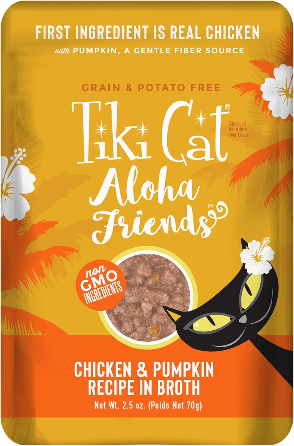 Tiki Cat Aloha Friends Alimento húmedo y sin cereales para gatos de todas las edades, recetas de pollo con calabaza, sobres de 2.5 onzas (paquete de