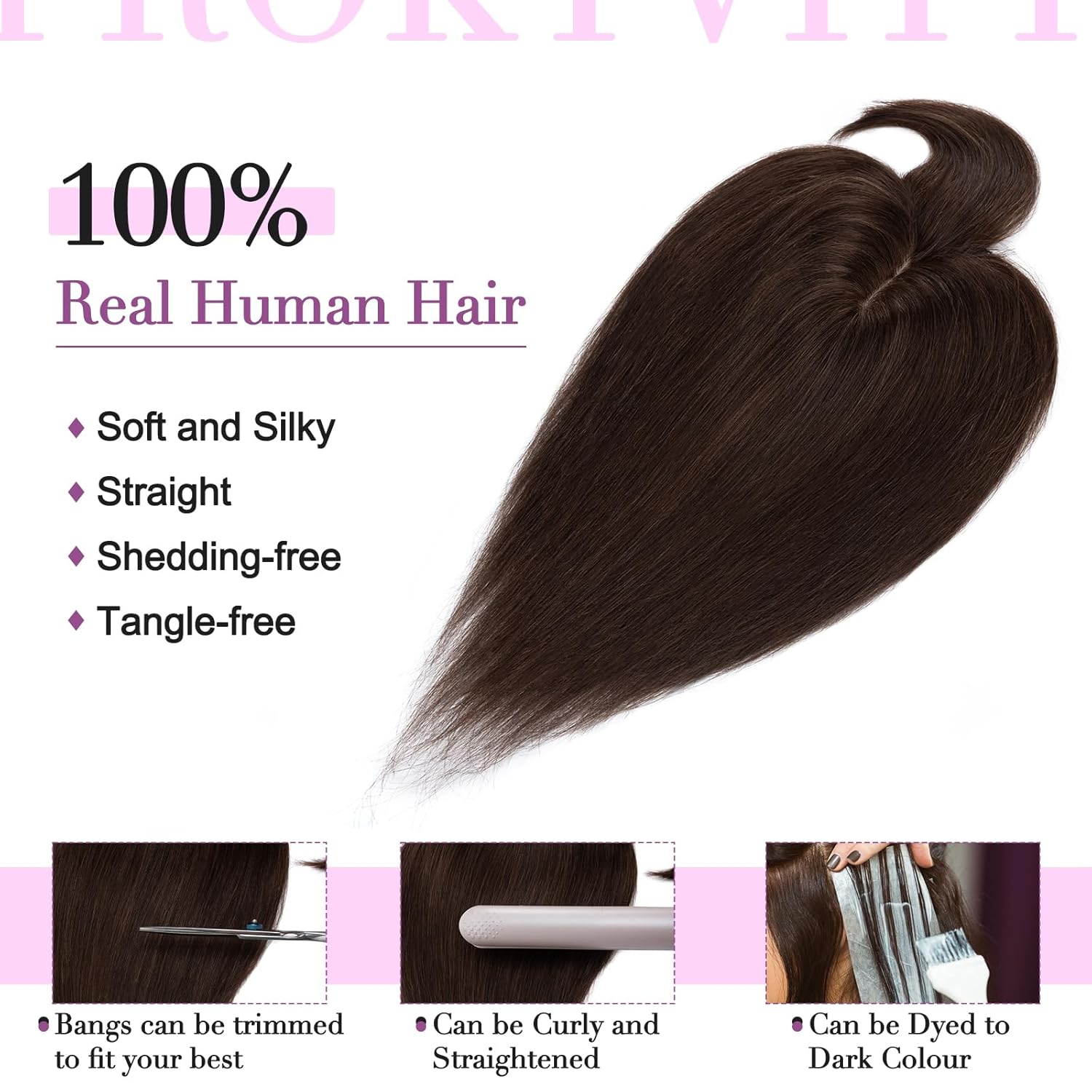 Toppers de cabello humano real para mujer, con cabello delgado, 100% cabello humano con flequillo, 2.7 x 5.1 pulgadas, 150% densidad, piezas de