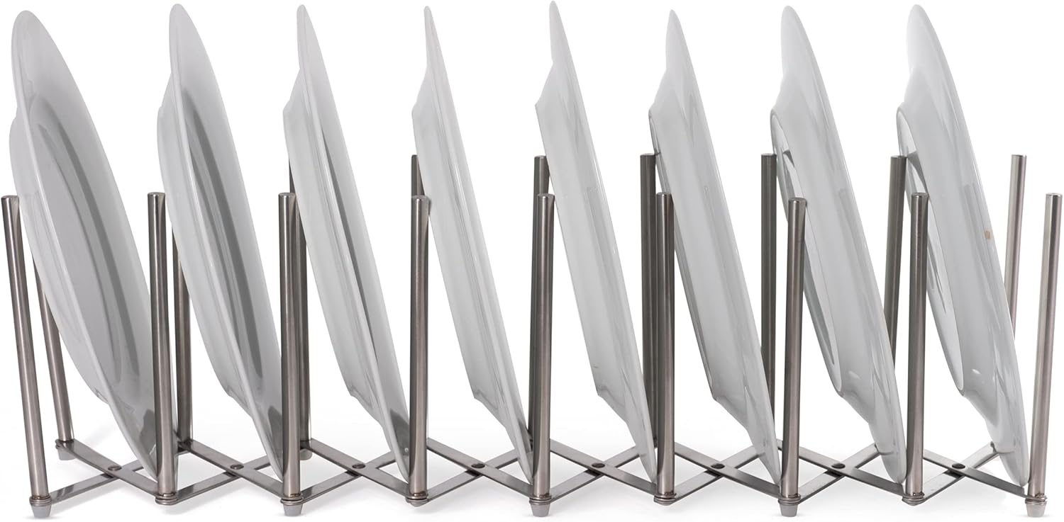 Soporte de placa para ollas y tapas para la cocina de acero inoxidable, 8 secciones, longitud de acordeón ajustable, se puede extender hasta a 30