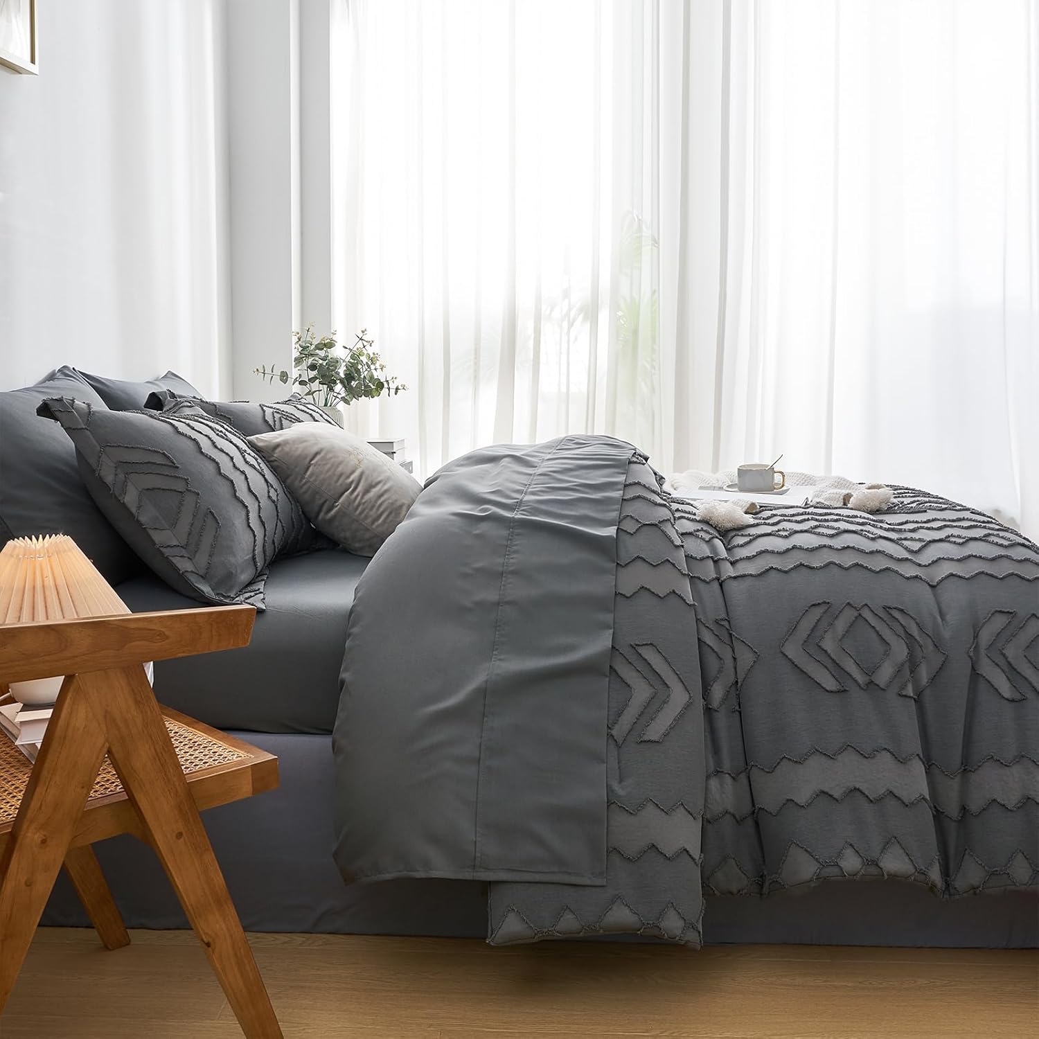 OARAGE Juego de edredón tamaño King de 7 piezas en una bolsa, color gris oscuro, juego de cama bohemio copetudo, juego de ropa de cama King con