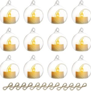 12 portavelas de cristal colgante con velas LED, globos de vidrio colgantes de 2.36 pulgadas, recipientes de vidrio colgantes de terrario para 12 portavelas de cristal colgante con velas LED, globos de vidrio colgantes de 2.36 pulgadas, recipientes de vidrio colgantes de terrario para