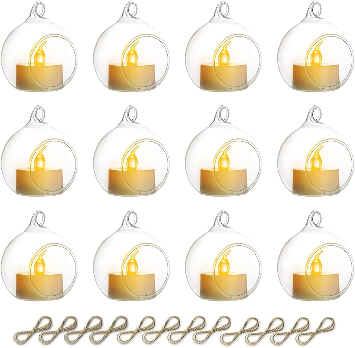 12 portavelas de cristal colgante con velas LED, globos de vidrio colgantes de 2.36 pulgadas, recipientes de vidrio colgantes de terrario para