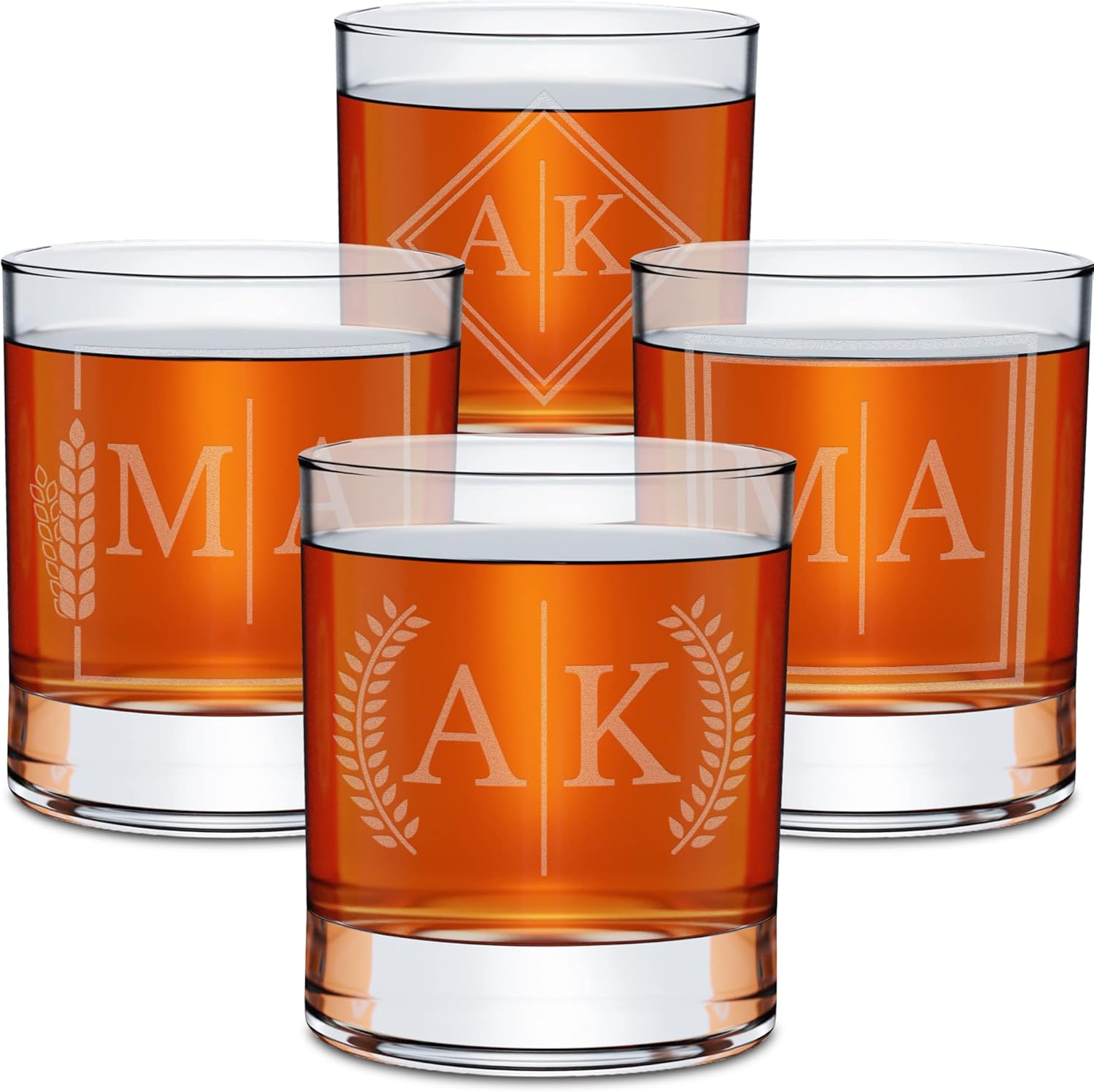On The Rox Drinks Regalos de whisky personalizados para hombres  Juego de 4 vasos de whisky con monograma grabado grabado de 11 onzas  Copa de