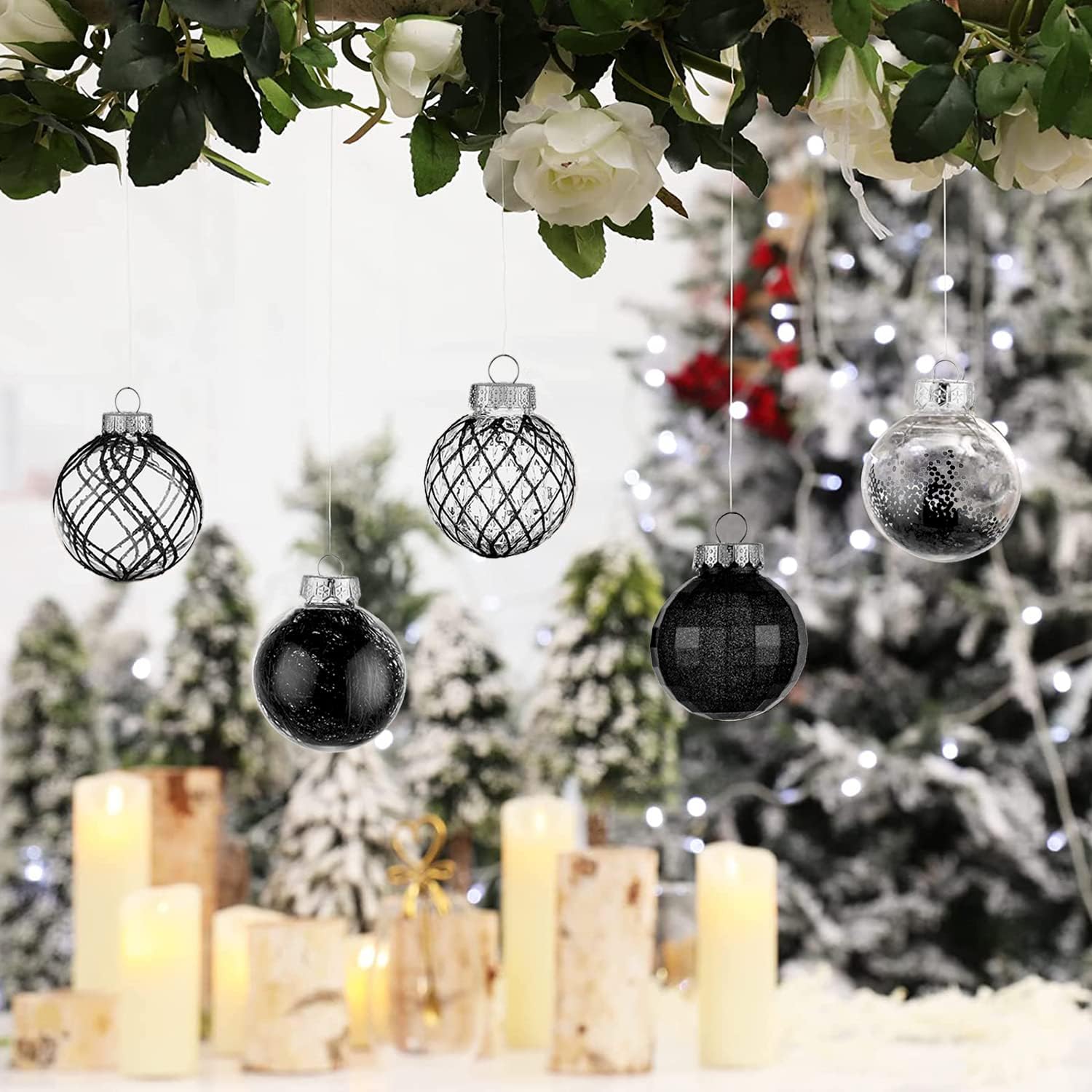 Adornos de bolas de Navidad de 30 unidades, 2.36 pulgadas, bolas de Navidad de plástico transparente inastillables con relleno delicado brillante,
