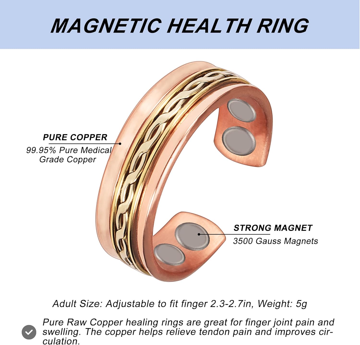 EnerCoppeX Anillos de cobre para mujer para artritis y articulación, anillo magnético ajustable para los dedos del pulgar, anillos de terapia
