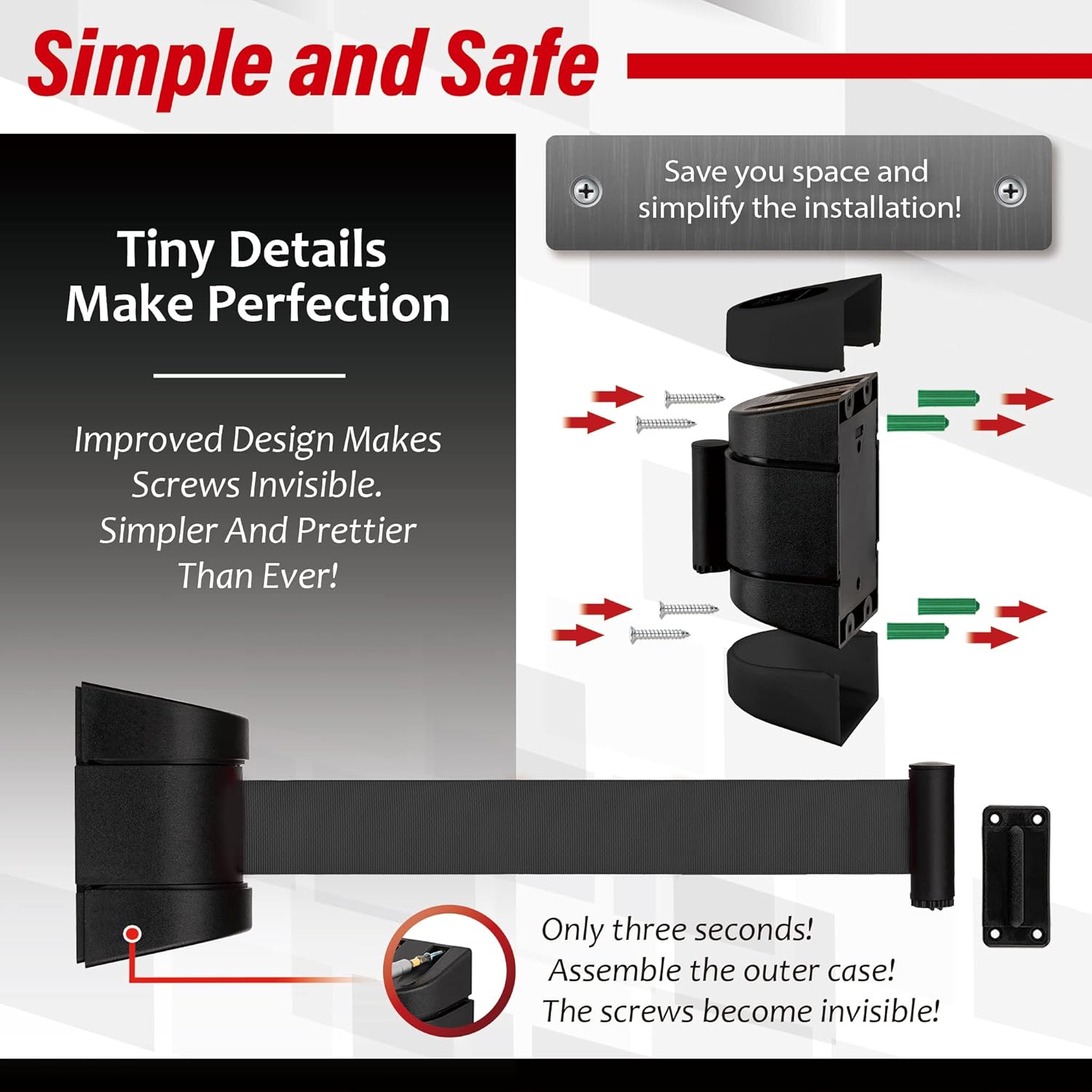 DuraSteel Barrera retráctil para cinturón de montaje en pared, cinturón de seguridad negro de 6.5 pies en carcasa negra, Guardian 2.0 para