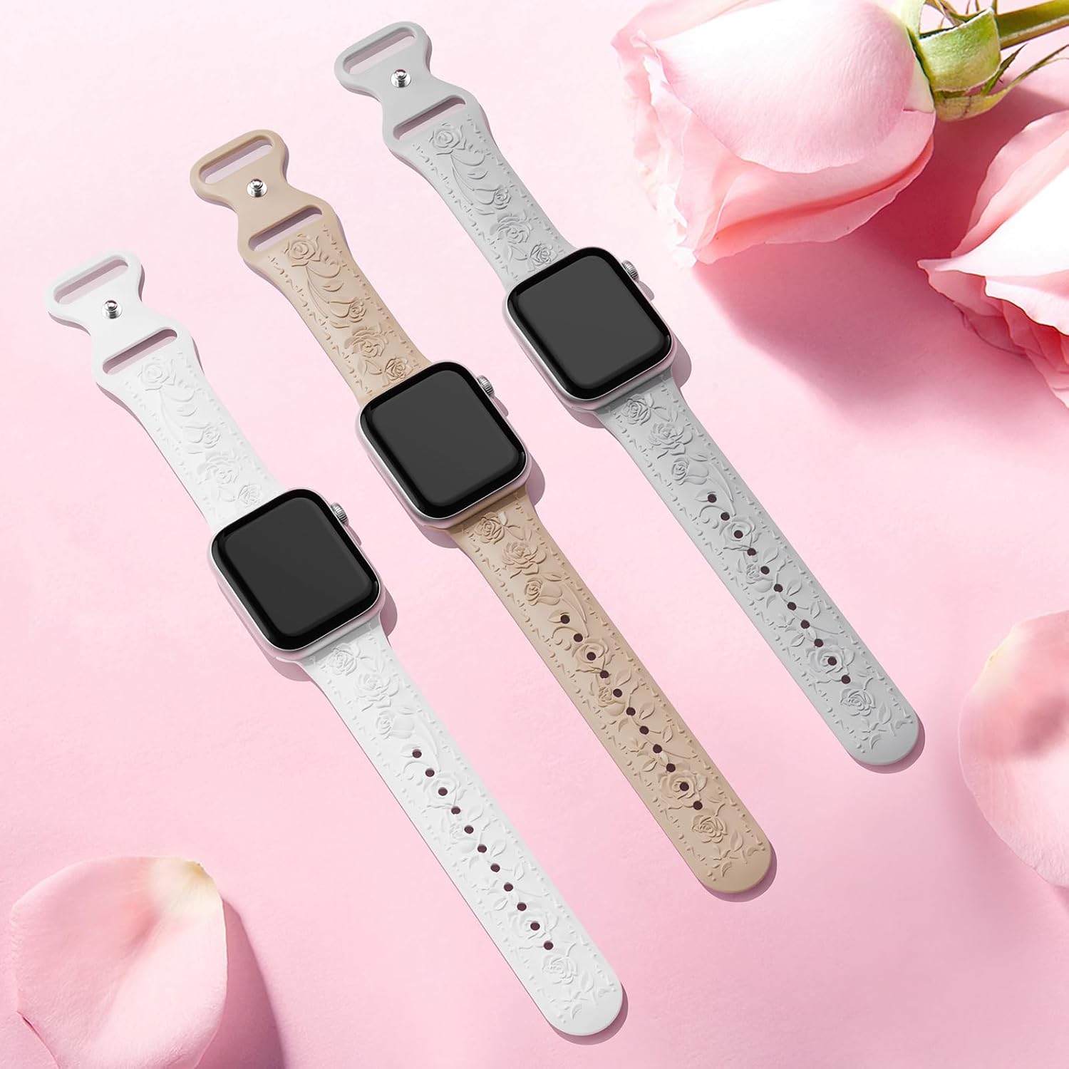 Correa de silicona suave con grabado floral compatible con Apple Watch Band de 1.575 in, 1.614 in, 1.496 in, 1.654 in, 1.732 in, 1.772 in y 1.929 in